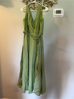 Wtoo Light Green V-Neck Maxi Dress with Waist Tie